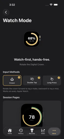 Watch Mode: Crown, Double Tap and Long Press input and the session pages on the watch