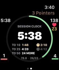 Apple Watch Stopwatch face: session clock with splits to 10, 25 and 50 makes