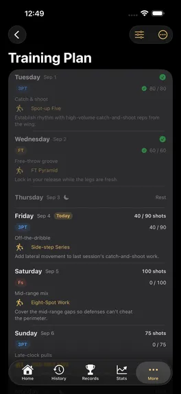 Training Plan: a week of drills written by the on-device coach