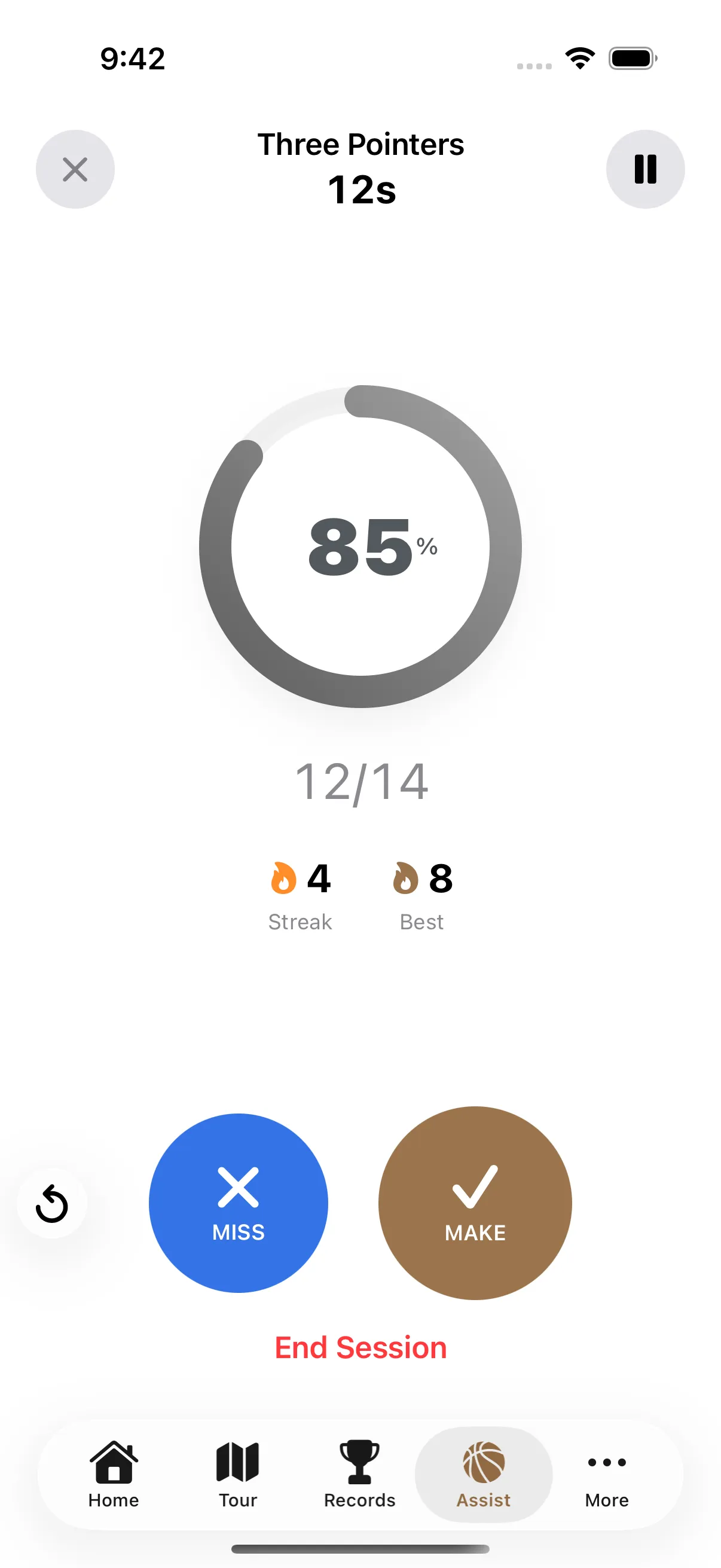 Tally Hoops assist mode showing a live session with a large accuracy ring, make/miss counter, and running streak