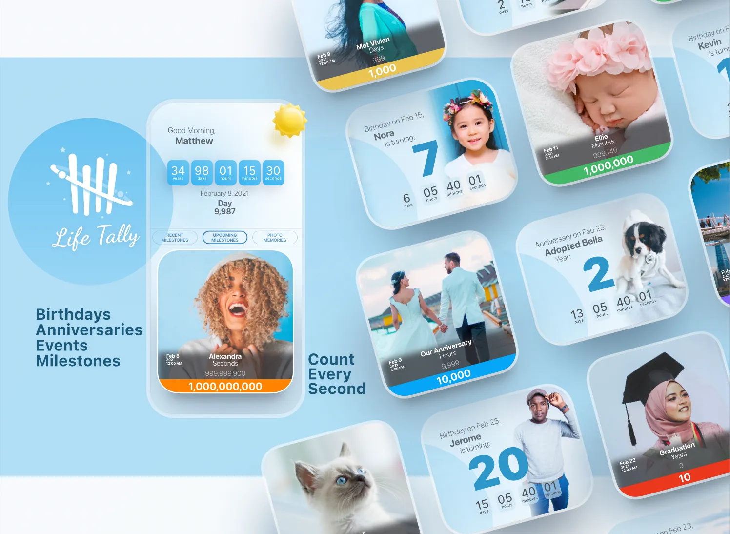 LifeTally counts every second since birthdays, anniversaries, events, and milestones — shown across the app's home screen and milestone cards