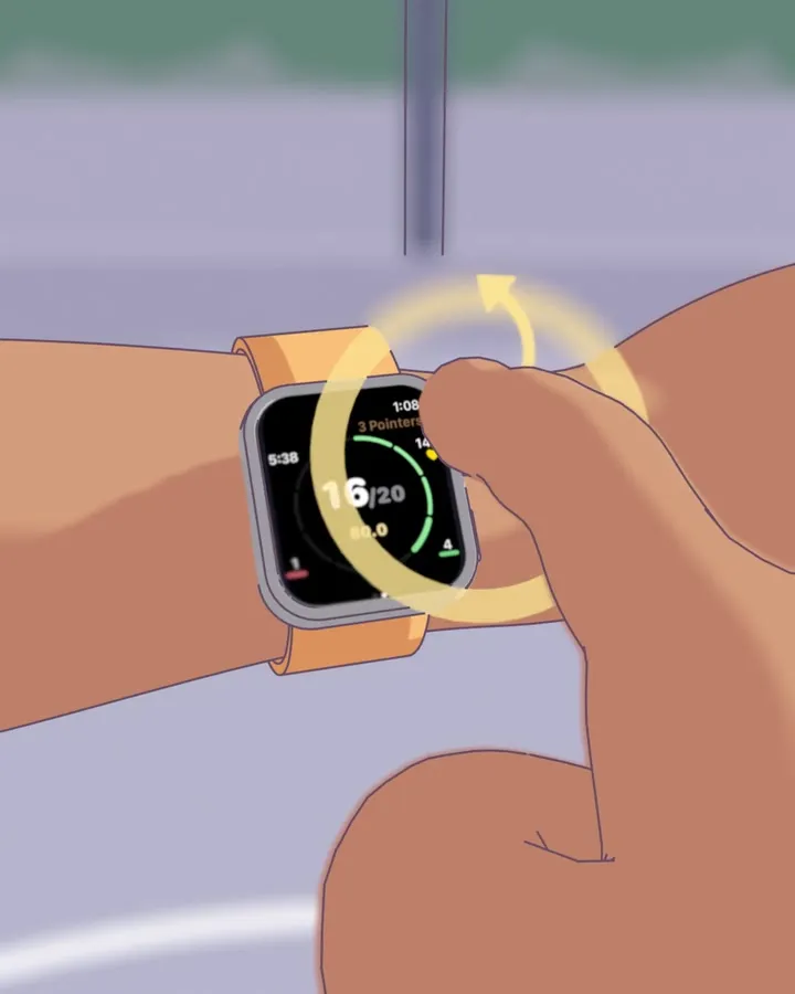 First-person animation: the shot swishes, the wrist comes up, and a finger rolls the Digital Crown up. The watch goes from 15 of 19 to 16 of 20.