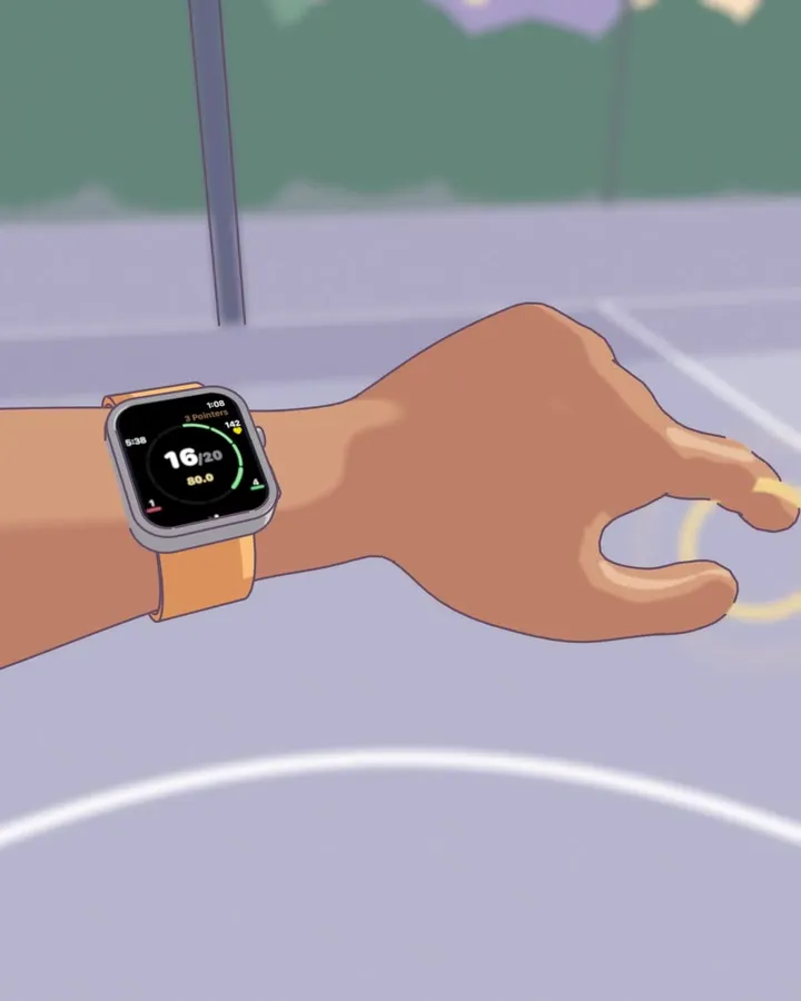 First-person animation: the shot swishes, the wrist comes up and the index finger and thumb pinch together twice. The watch goes from 15 of 19 to 16 of 20.