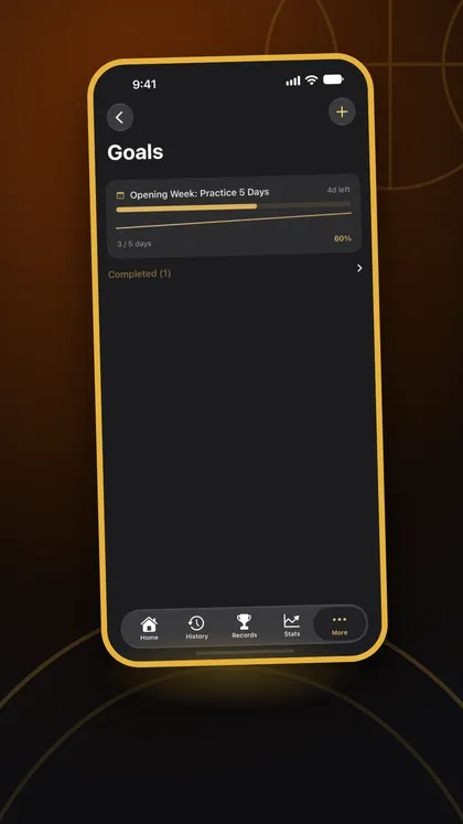 Opening Week Goal event card: the goal on an iPhone, three of five practice days done
