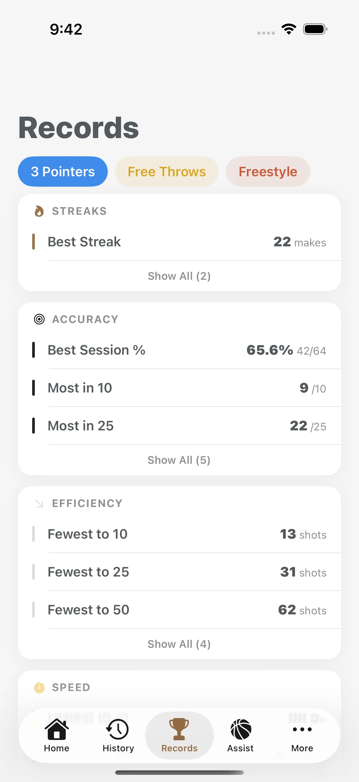 Tally Hoops records tab showing ranked personal bests for makes in a row, accuracy, and total shots