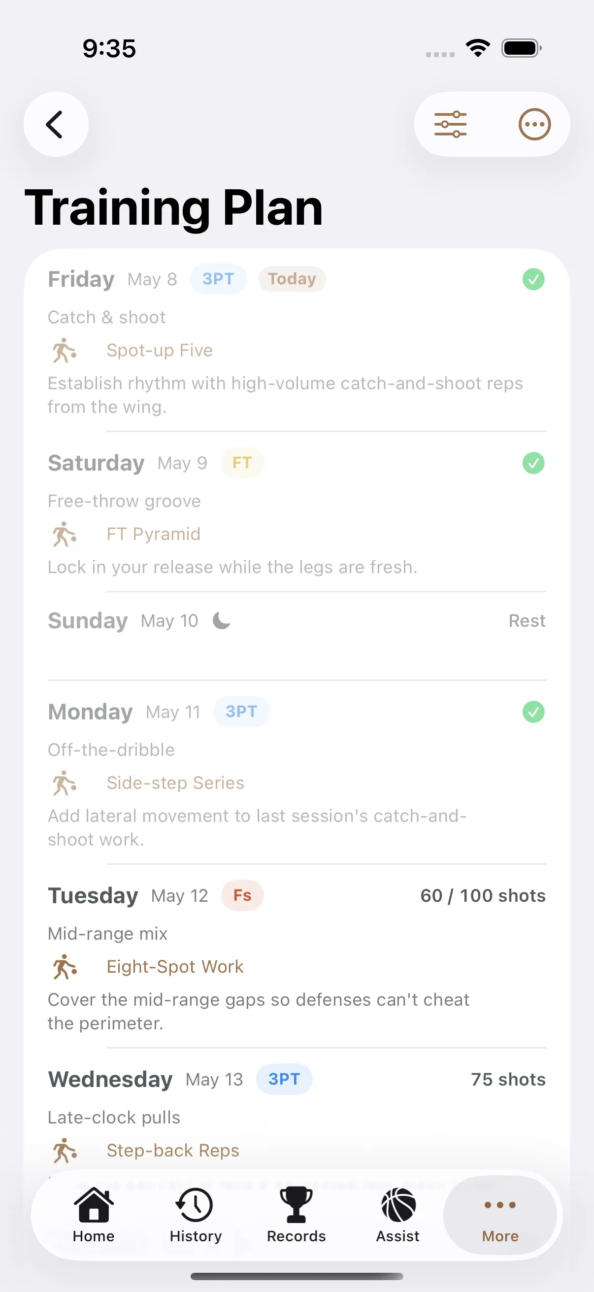 Tally Hoops training plan showing a week of scheduled drill sessions with specific targets and drill names